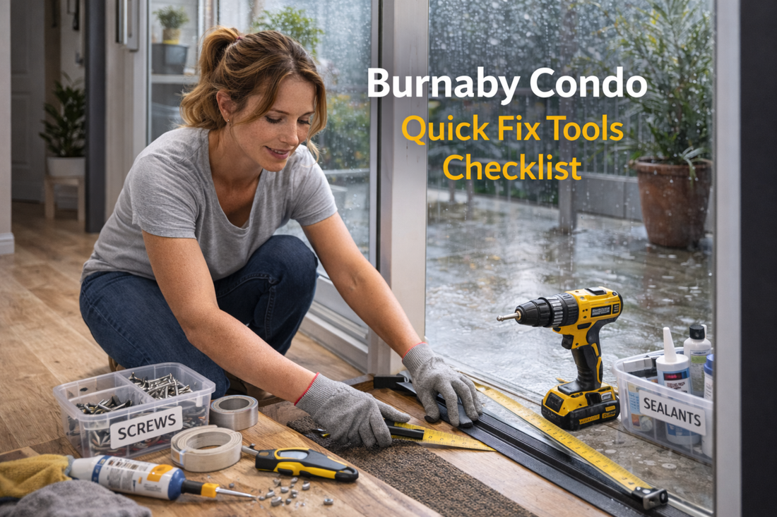 Beautiful woman doing apartment DIY repairs in Burnaby, BC with drill, sealant, utility knife, and measuring tape in a modern condo entry area.