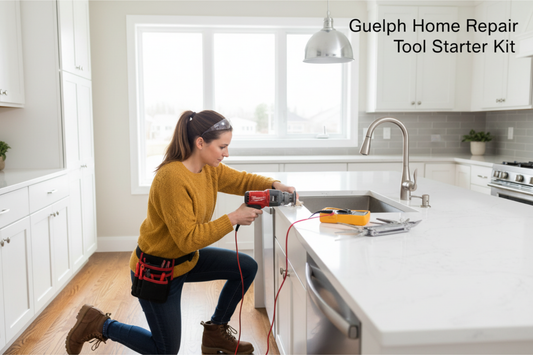 Woman in cozy sweater doing home repairs in Guelph Ontario with Milwaukee M12 multi-tool, Fluke multimeter, LEATHERMAN Wave+ multi-tool, and Moen kitchen faucet - text overlay "Guelph Home Repair Tool Starter Kit"