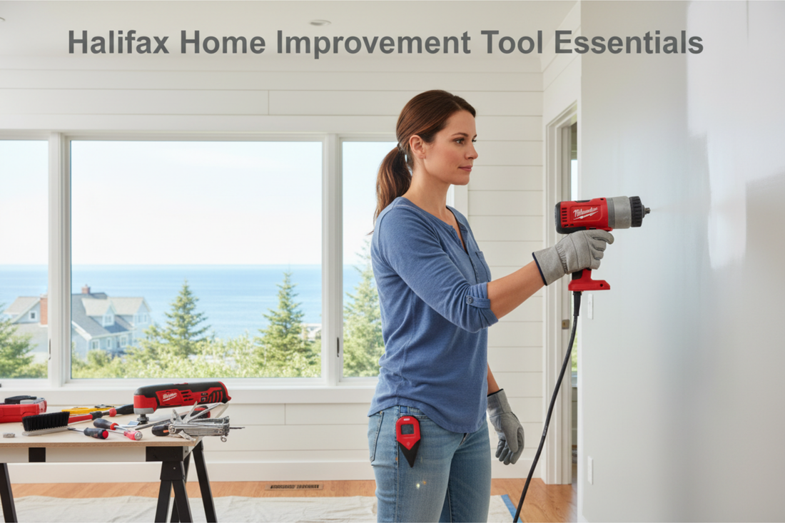 Woman in casual work clothes doing home improvements in Halifax Nova Scotia coastal home using TREXEEN cordless paint sprayer and CH Hanson magnetic stud finder - text overlay "Halifax Home Improvement Tool Essentials"