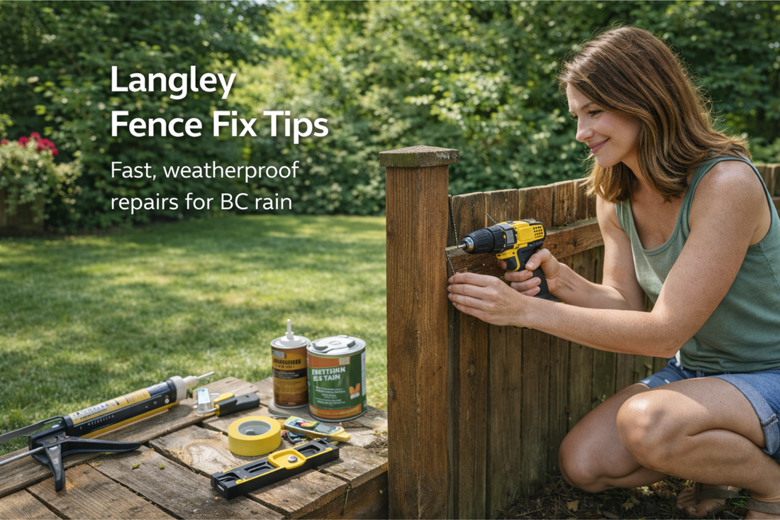 Woman repairing a backyard fence in Langley BC with weatherproof home improvement supplies and exterior hardware in summer.