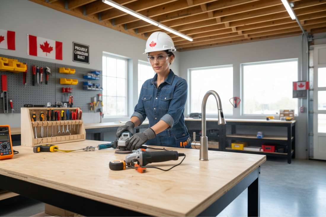 Woman DIY expert organizing essential home improvement tools and starter kit for Laval Quebec homeowners - professional power tools, safety equipment, and plumbing fixtures