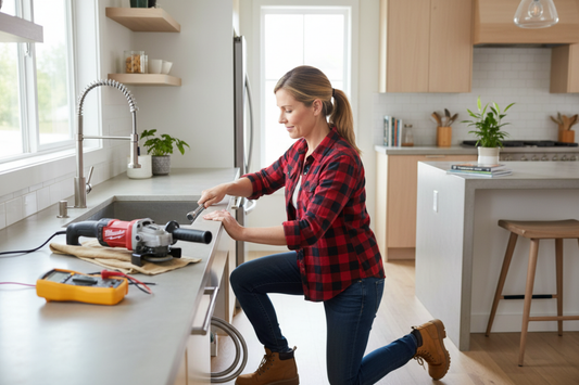 Woman in casual work clothes doing quick DIY home repairs in Longueuil Quebec using professional tools including Milwaukee multi-tool, DEWALT