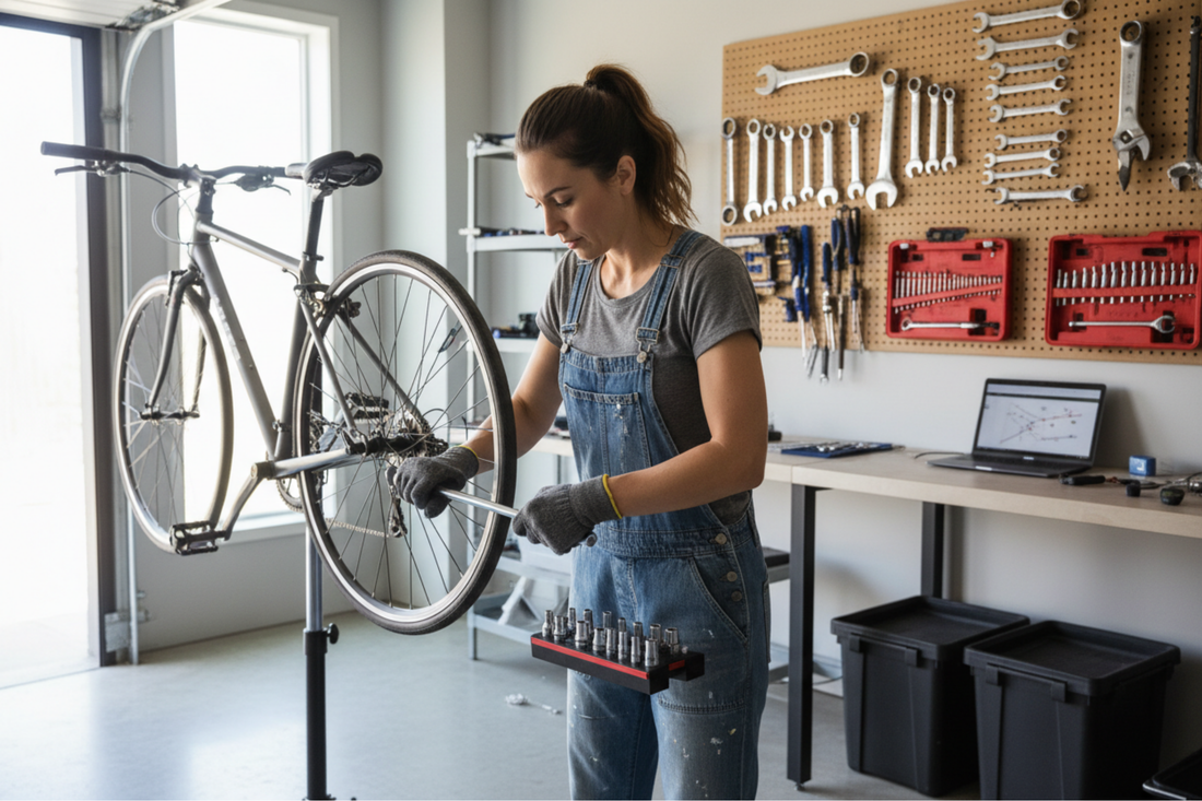 Woman using socket wrench set to repair bicycle in Markham garage workspace