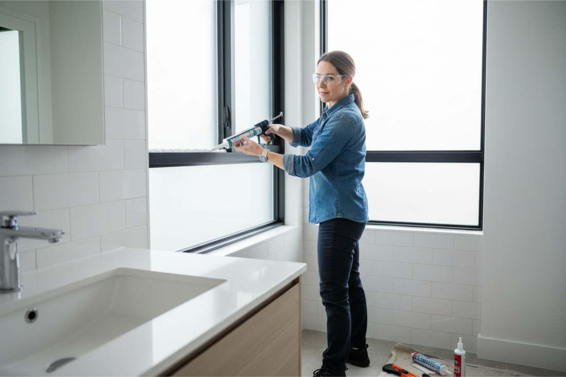 Woman using caulking gun to seal bathroom window in Mississauga home with proper technique
