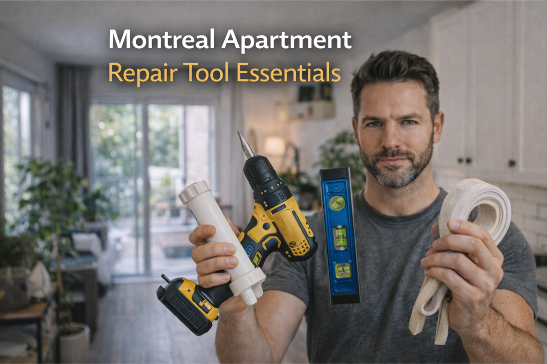 Essential repair tools for Montreal apartment maintenance including drill, caulking gun, weatherstripping, and wall anchors for DIY home improvements