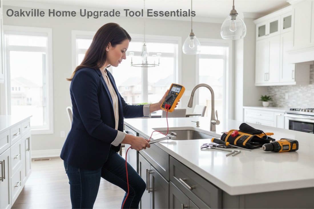 Professional woman in smart casual attire upgrading fixtures in upscale Oakville Ontario home using Moen Arbor kitchen faucet and Fluke multimeter - text overlay "Oakville Home Upgrade Tool Essentials"