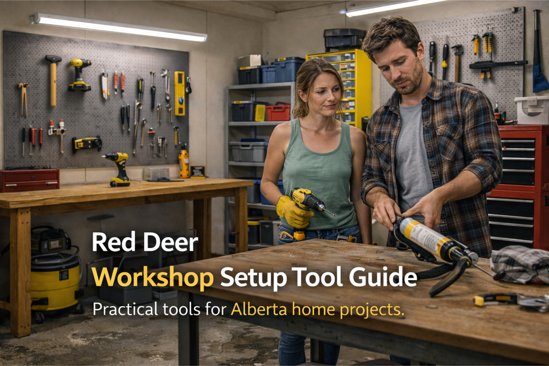 Red Deer garage workshop setup with organized tool storage, bright task lighting, and home improvement essentials for Alberta DIY projects.