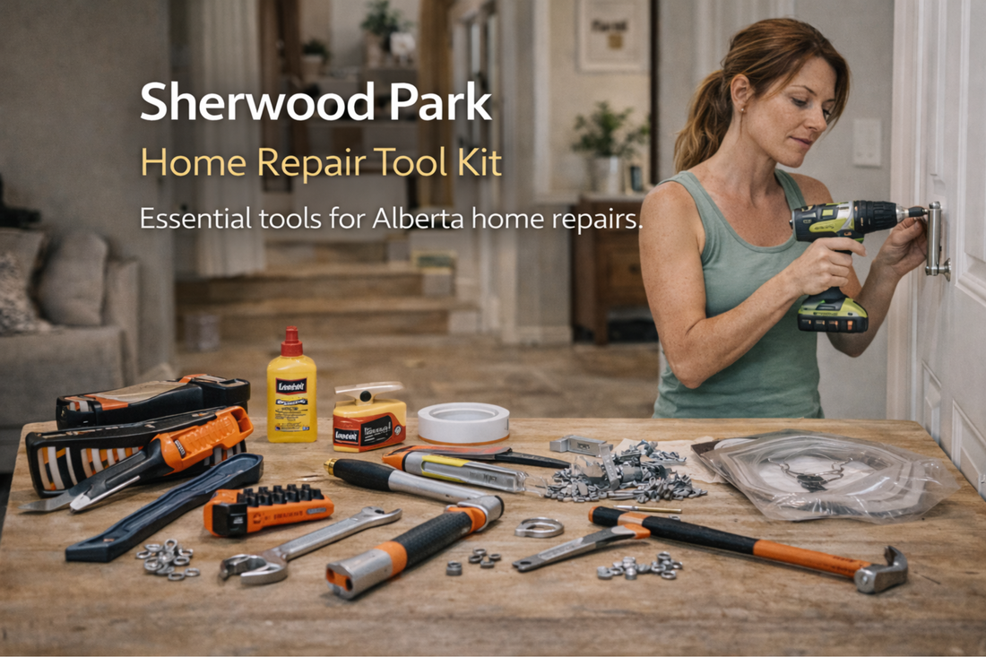 Sherwood Park home repair kit - multi-bit screwdriver, adjustable pliers, caulking gun and flashlight for Edmonton area quick fixes