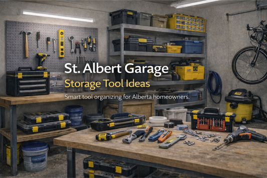 A woman organizing a St. Albert garage with wall hooks, a ceiling storage rack, and labeled bins for home improvement supplies.