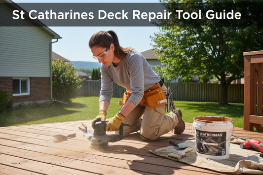 Woman in work clothes repairing wooden deck in St Catharines Ontario using Milwaukee M12 multi-tool and LEATHERMAN Wave+ for deck maintenance - text overlay "St Catharines Deck Repair Tool Guide"
