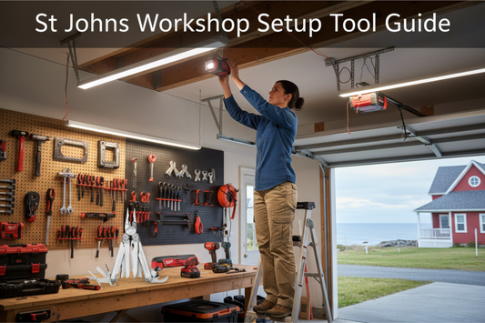 Woman in workshop clothes setting up professional workshop in St Johns Newfoundland using AQIQUUT LED shop lights and Ropelux rechargeable work light - text overlay "St Johns Workshop Setup Tool Guide"