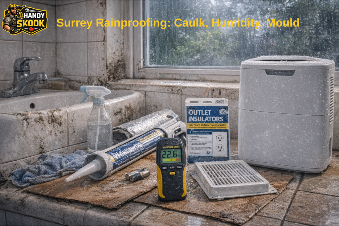 Surrey BC rainproofing - caulk gun, weatherstripping, dehumidifier and moisture control tools for Lower Mainland homes