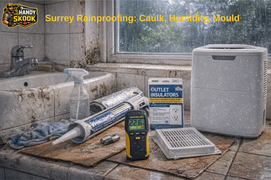 Surrey BC rainproofing - caulk gun, weatherstripping, dehumidifier and moisture control tools for Lower Mainland homes