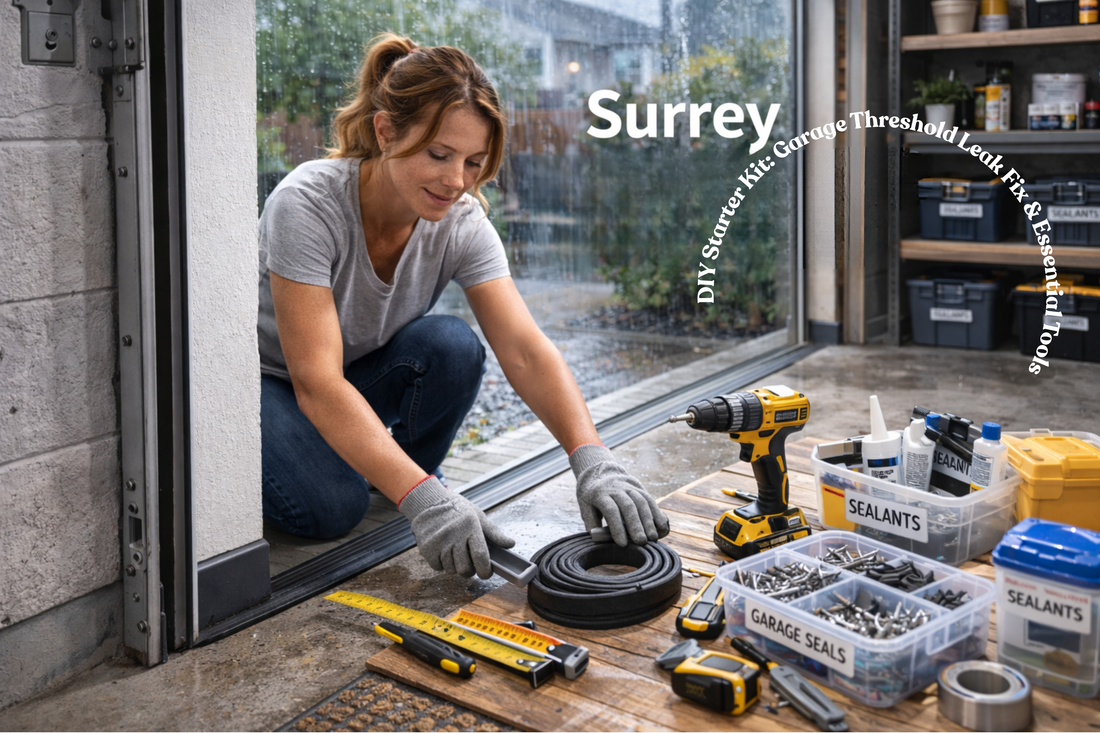 A focused woman in comfortable home clothes setting up a Surrey home improvement starter kit in a bright garage, using a drill/driver and weatherproofing supplies near a rainy window in Metro Vancouver.