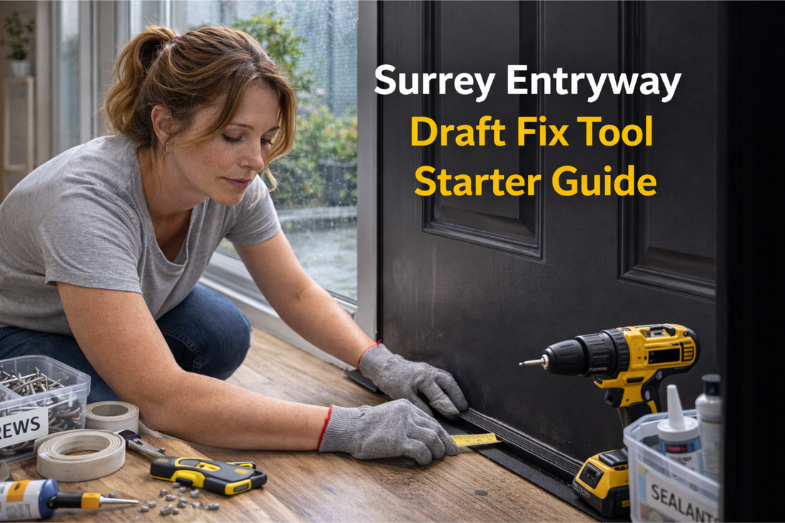A focused woman in a Surrey, BC entryway using a drill, measuring tape, and sealing supplies to fix a drafty door threshold in a rainy-season home improvement project.