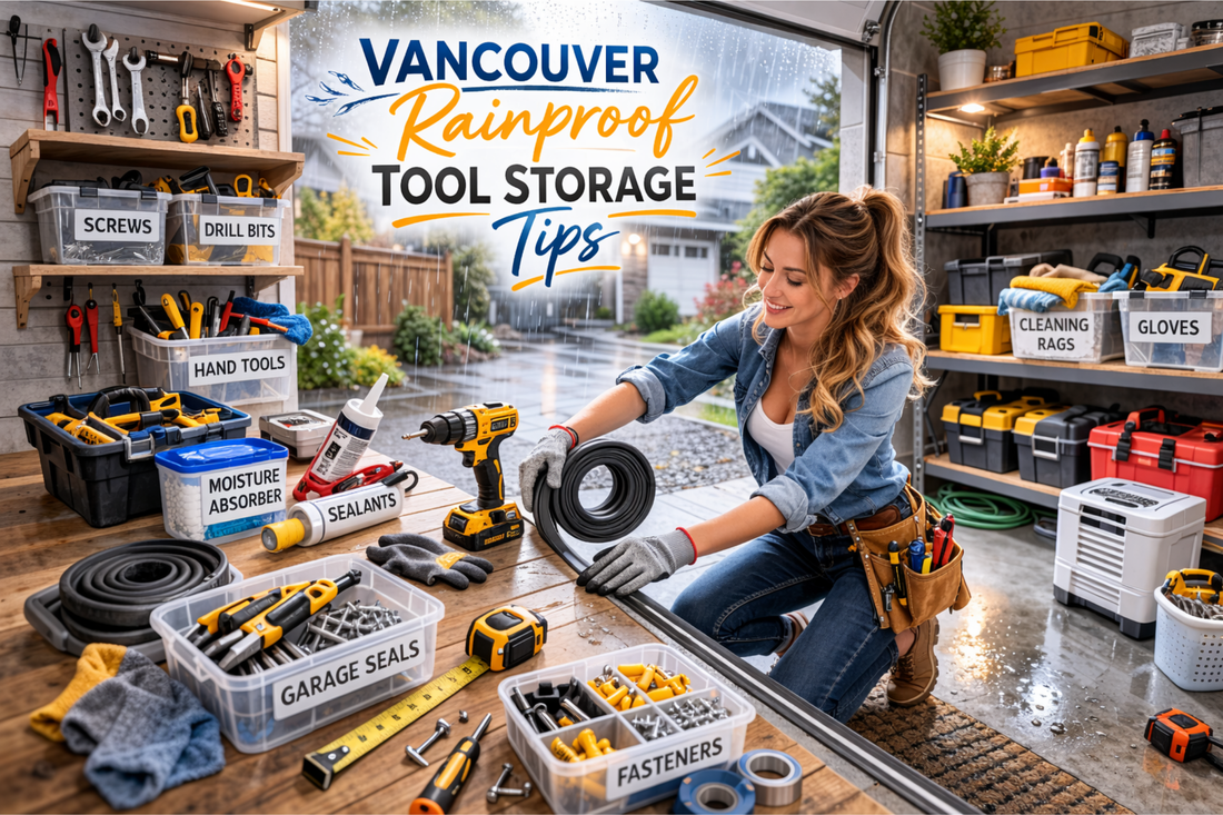 A woman in Vancouver organizing DIY tools in a rain-ready garage storage area with weatherstripping, seal materials, and labelled bins during wet season home maintenance.