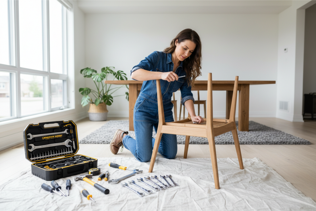Woman assembling furniture with comprehensive tool starter kit in modern Vaughan home