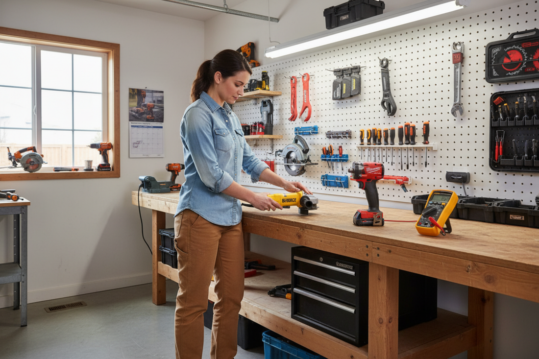 Woman in denim shirt setting up professional workshop in Waterloo Ontario with Milwaukee M12 multi-tool, DEWALT angle grinder, Milwaukee M18 impact wrench, and Fluke multimeter on organized workbench with pegboard storage