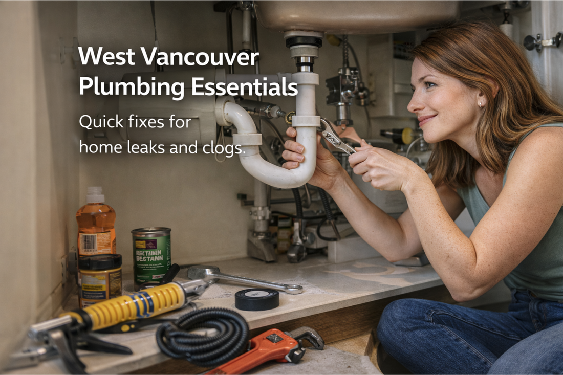 Woman fixing an under-sink plumbing leak in a West Vancouver kitchen using an adjustable wrench and plumber’s tape.