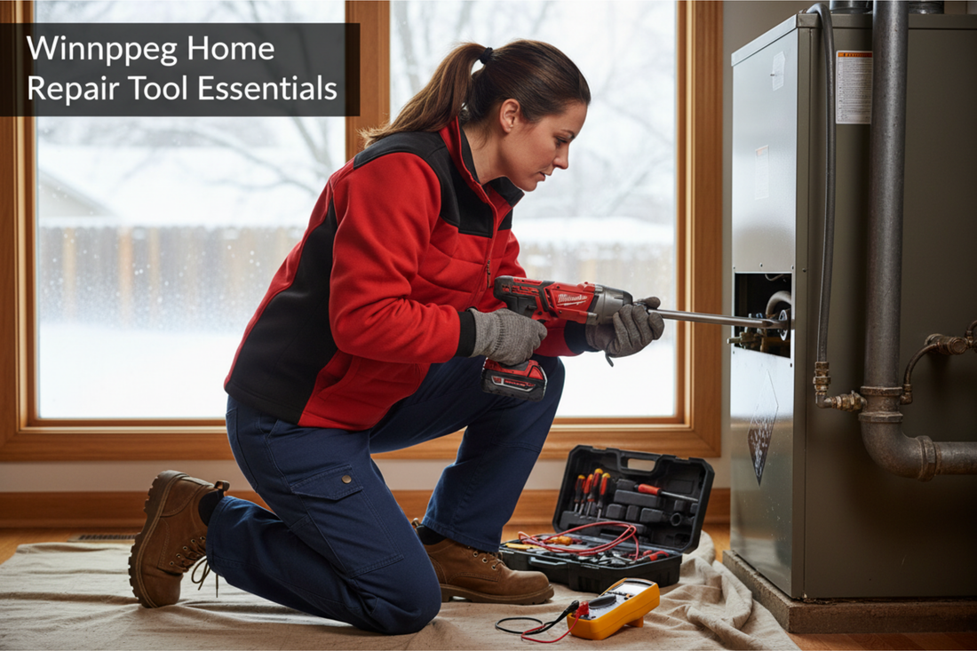 Woman in winter work clothes doing home repairs in Winnipeg Manitoba using Adedad impact wrench and QVIKPMU offset extension wrench - text overlay "Winnipeg Home Repair Tool Essentials"