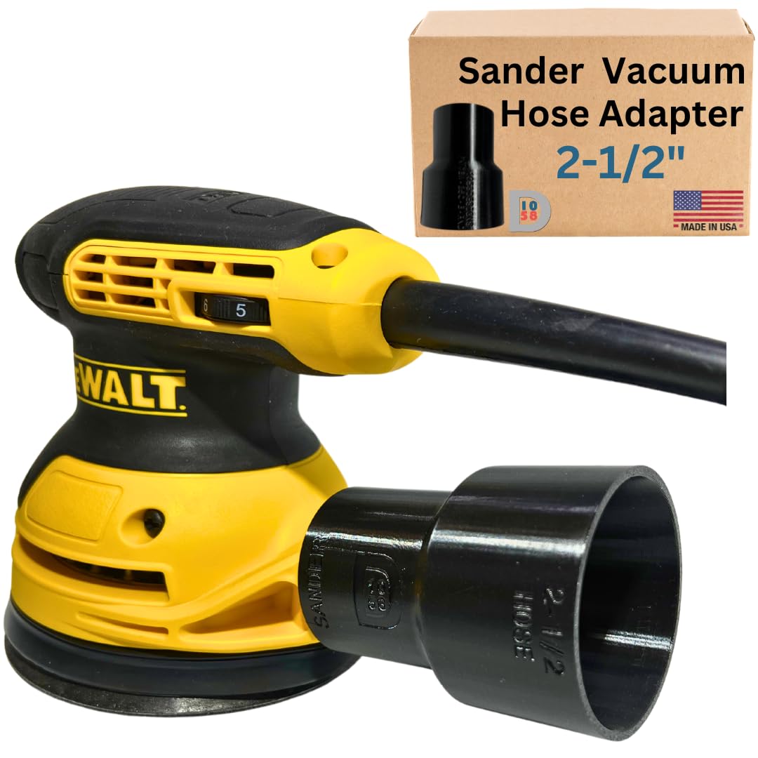 1058 Designs vacuum adapter attached to DeWalt DWE6411 for dust-free sanding.