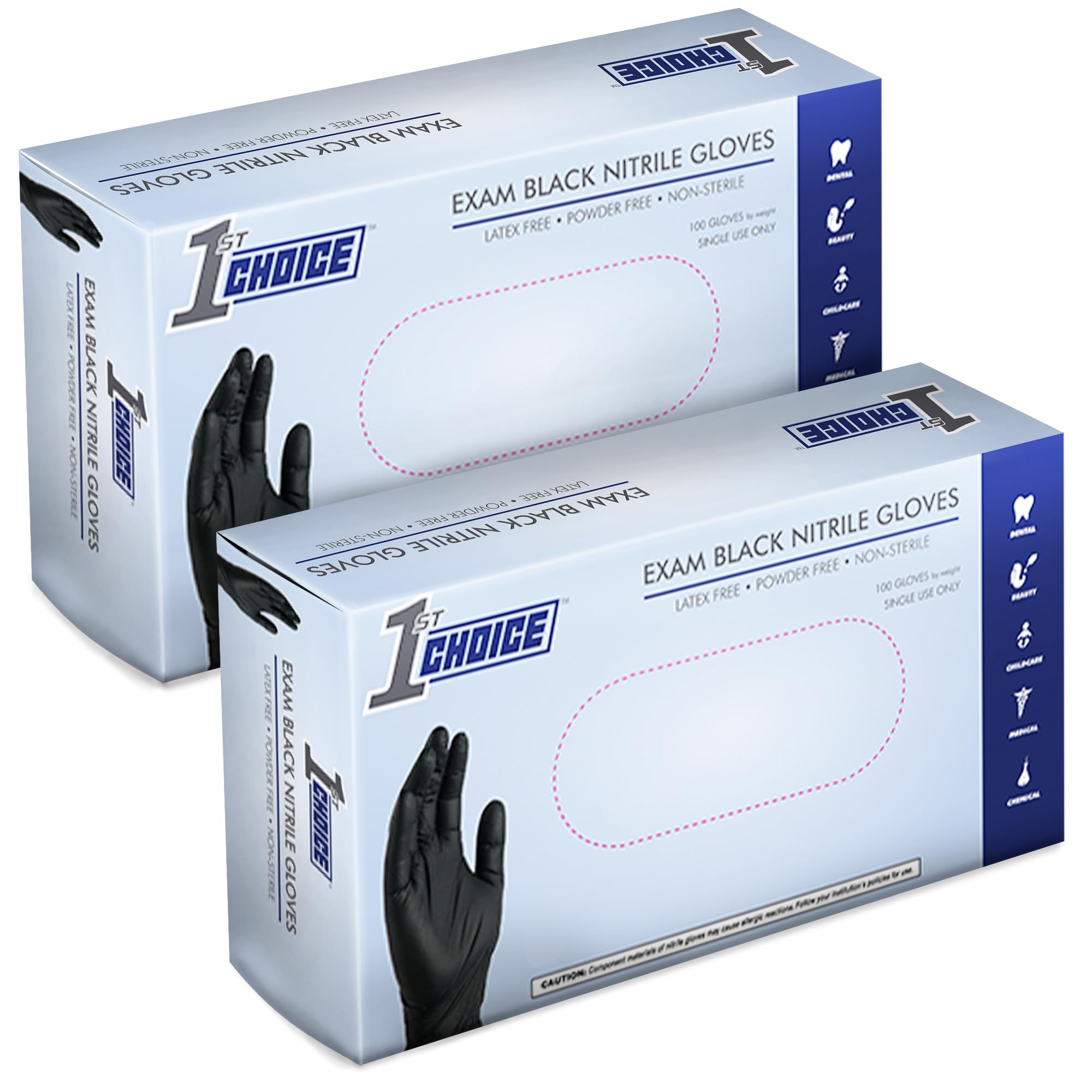 1st Choice black nitrile gloves medium in two boxes showing ready-to-use protection