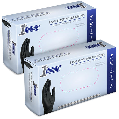 1st Choice black nitrile gloves medium in two boxes showing ready-to-use protection