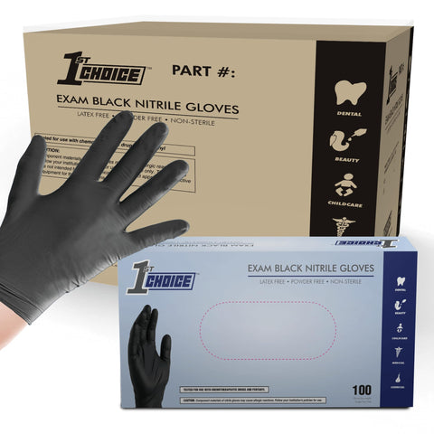 1st Choice Black Nitrile Gloves XL box on display, durable protection for kitchen and shop tasks.