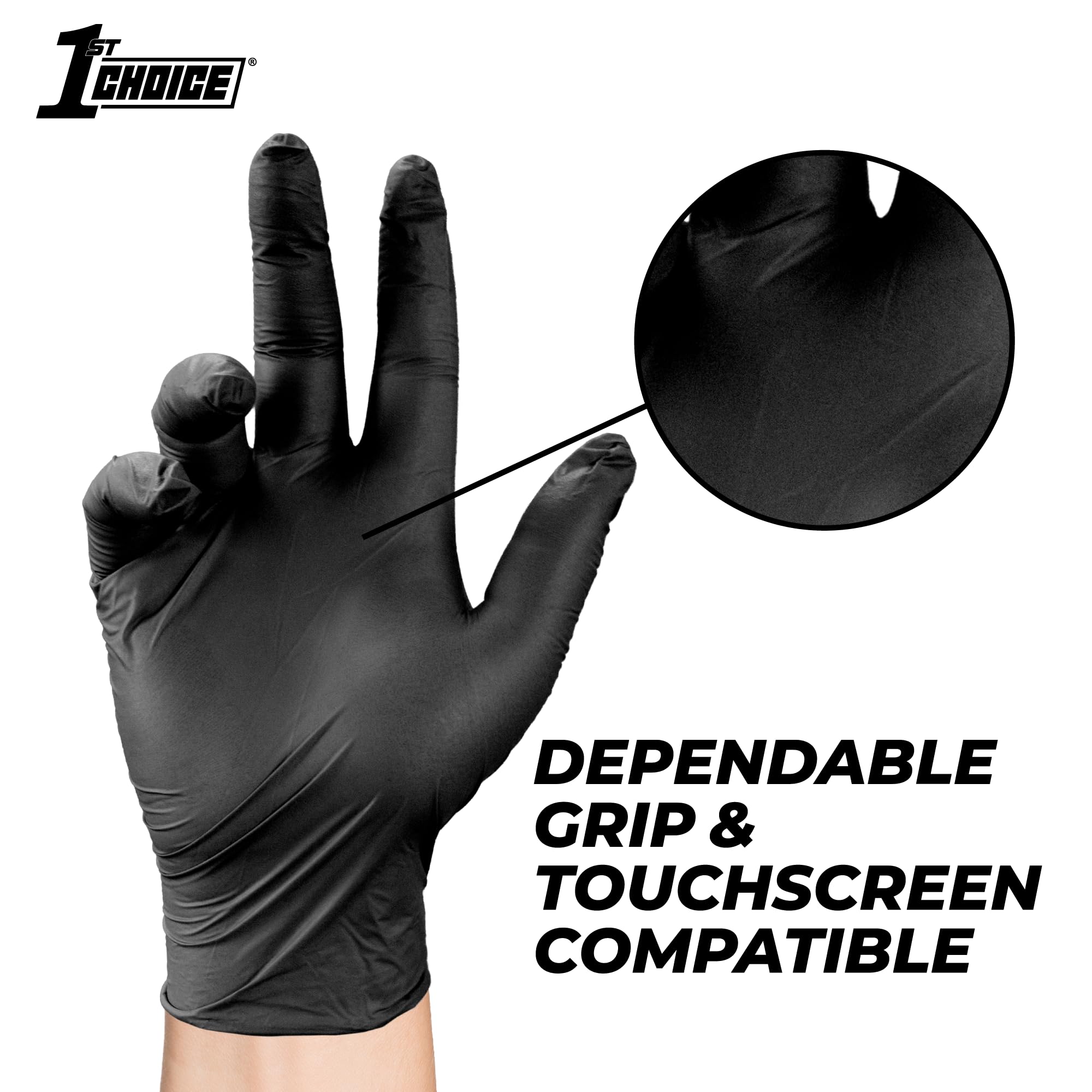 1st Choice Black Nitrile Gloves XL cleaning scene, grime-hiding color for professionals.