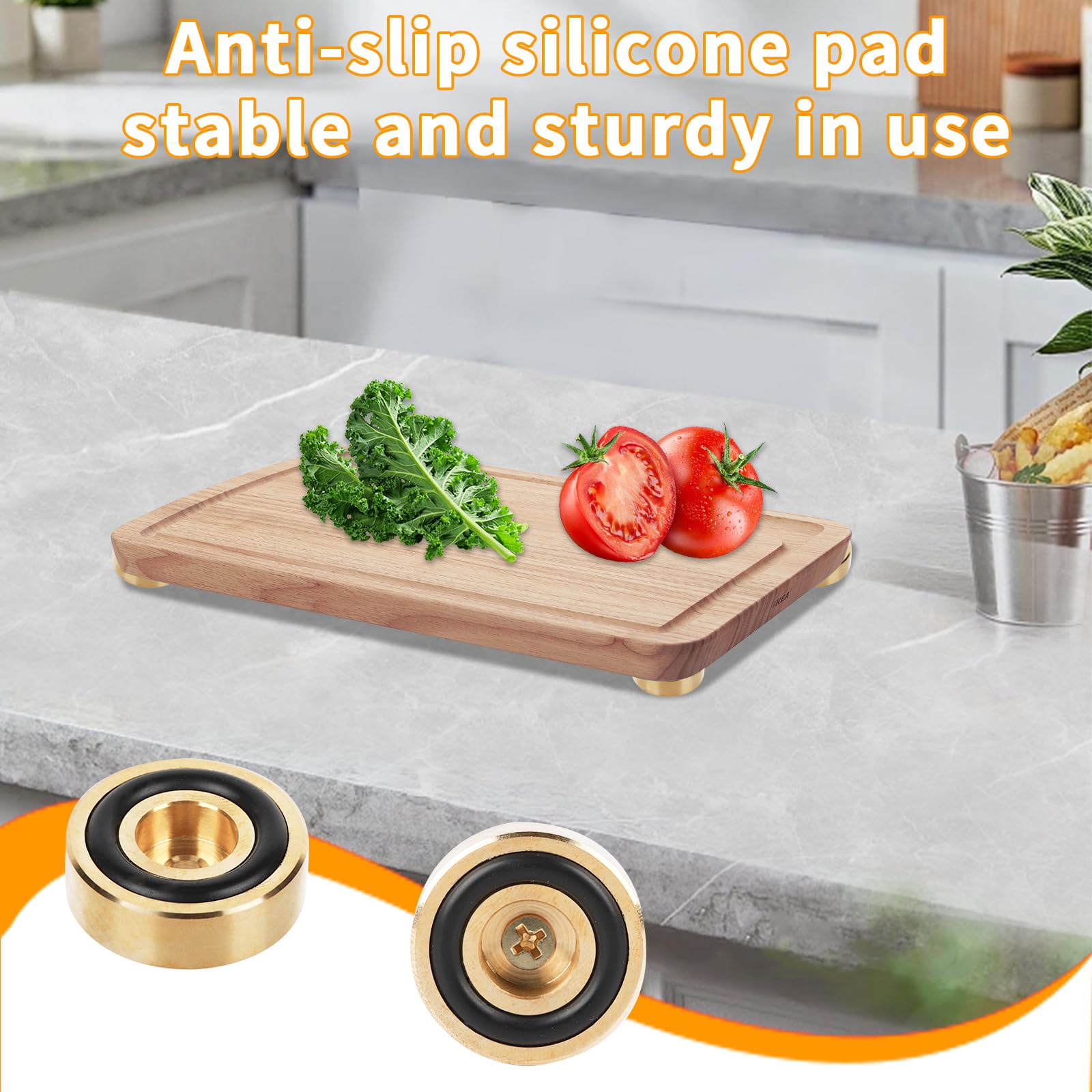 2 MULE TEAM brass cutting board feet with silicone pads prevent slipping on counters.