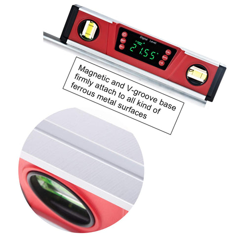 2PM TOOLS V-GROOVE magnetic base secures level to ferrous surfaces for hands-free use.