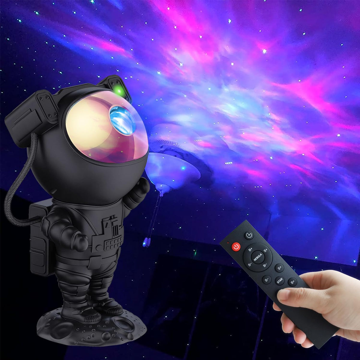 2win2buy Astronaut projector with stars and nebula for immersive bedroom ambiance.