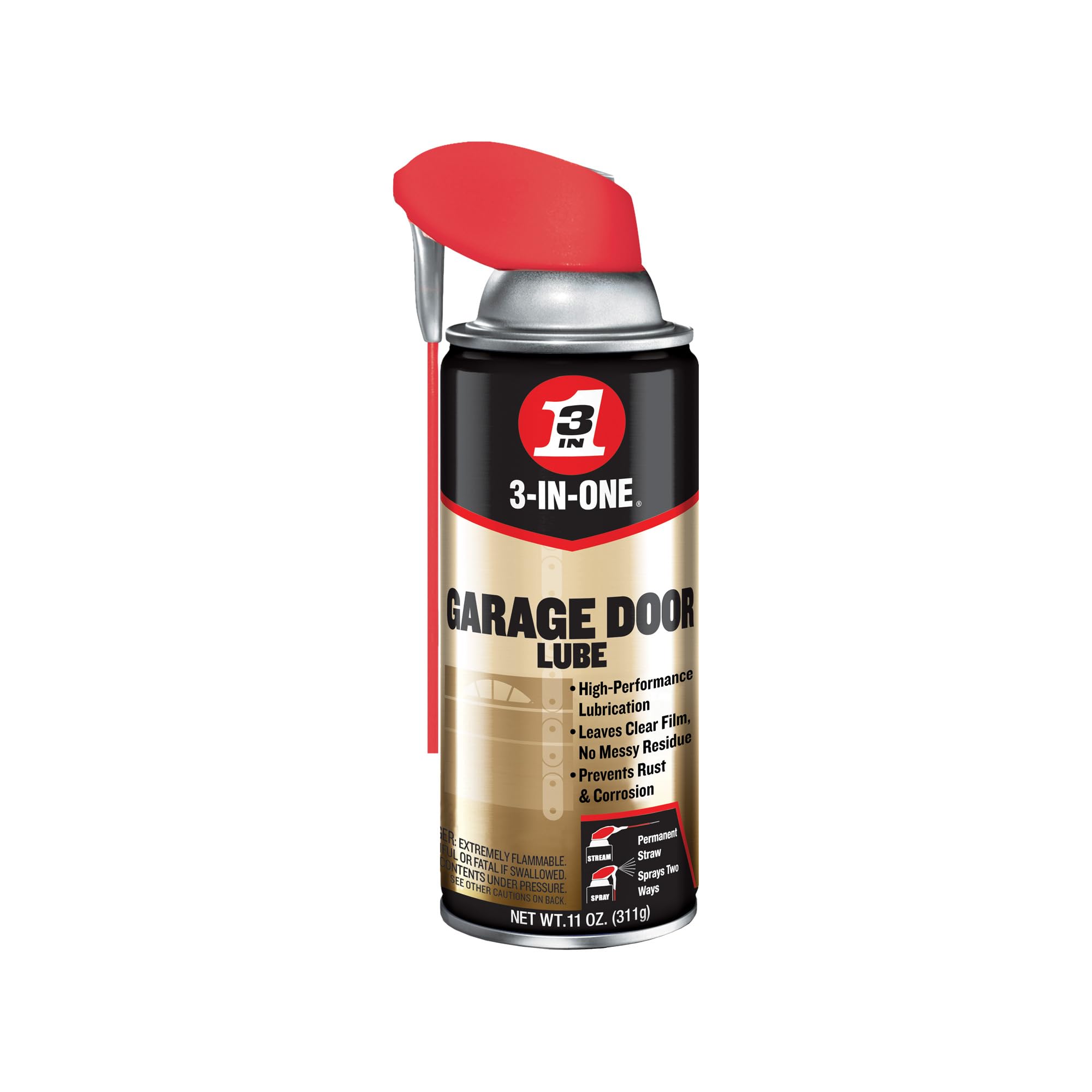 3-IN-ONE Garage Door Lubricant with SMART STRAW sprays a precise stream for hinges.