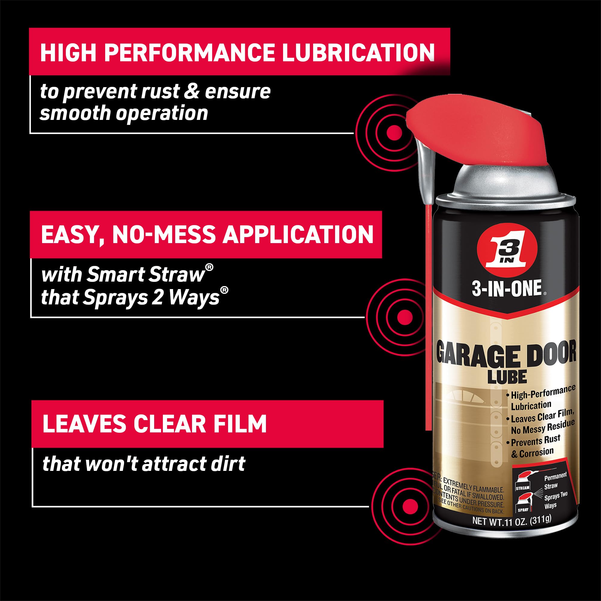 3-IN-ONE Garage Door Lubricant shown in stream mode for quick no-mess application.