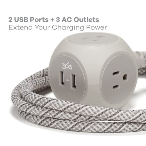 360 Electrical Habitat braided cord with USB ports powering multiple devices at once.