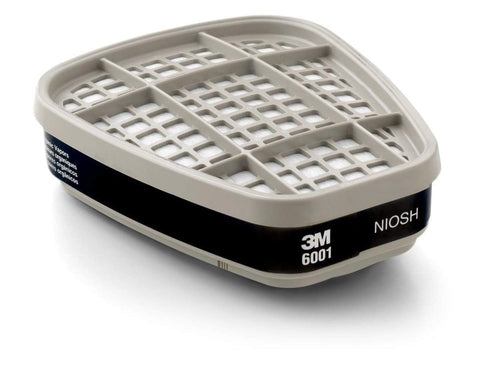 3M 6001 organic vapor cartridge side-view for compatible respirators provides reliable vapor protection.