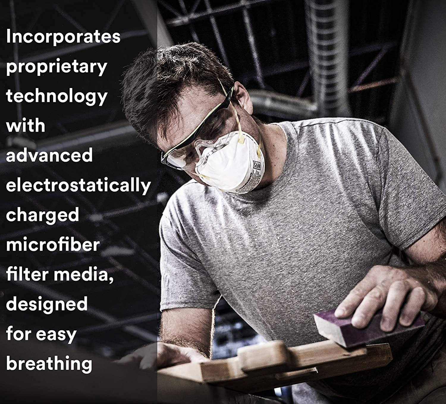 3M 8210 respirator in a dusty setting for grinding and sanding tasks.