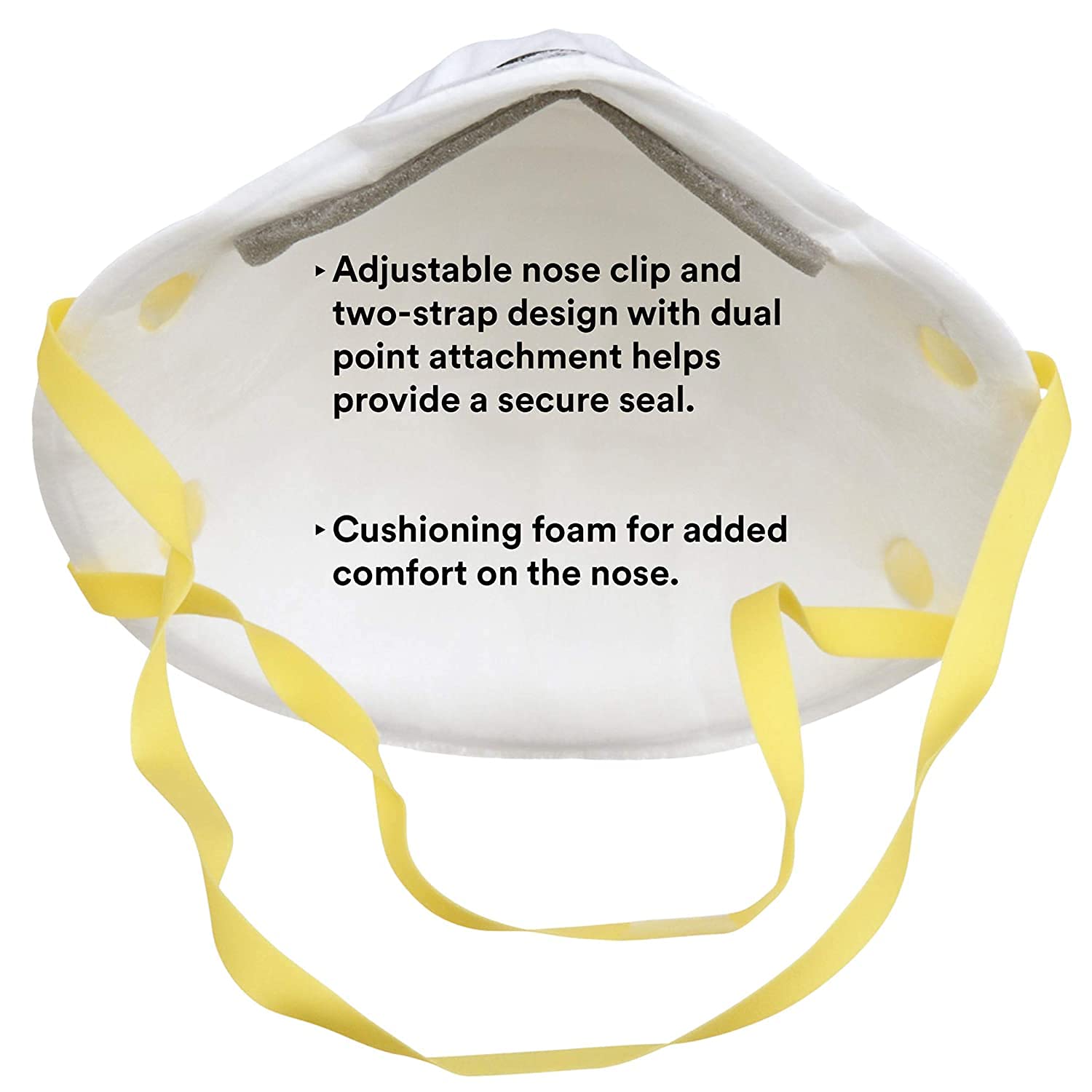 Adjustable noseclip on 3M 8210 highlights reduced eyewear fogging.