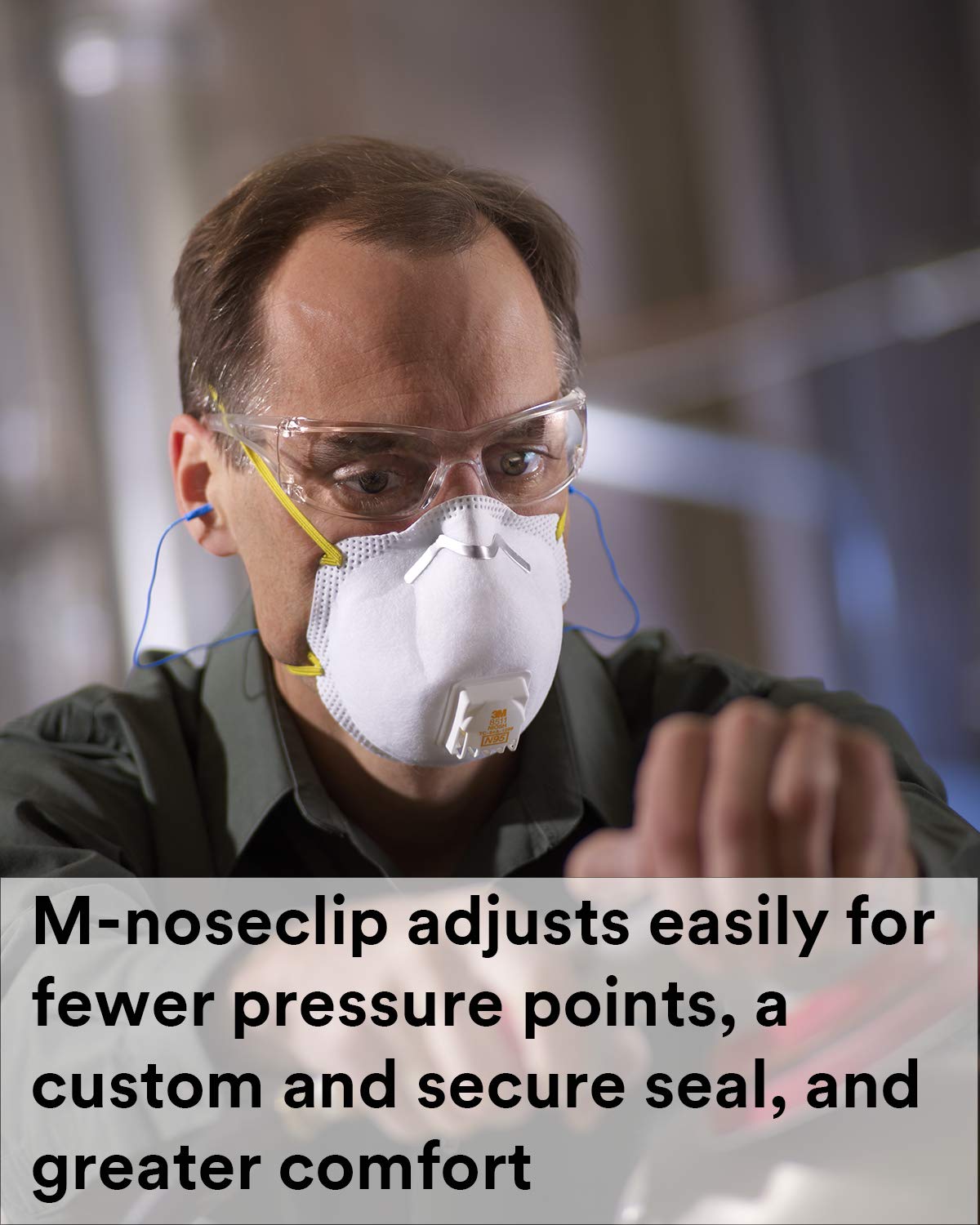 3M 8511 wearer in dusty workshop demonstrates comfort during extended use.