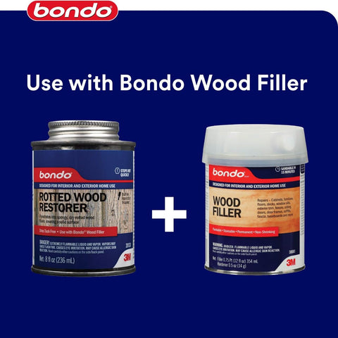 3M Bondo Rotted Wood Restorer penetrates rotted wood fibers for a hard surface
