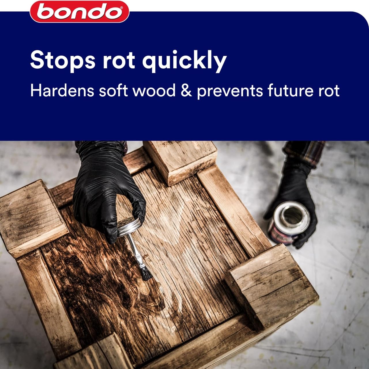 3M Bondo Rotted Wood Restorer used in wood repair setup in workshop
