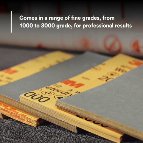 3M abrasive sheets available in 1000–3000 grades for professional results.