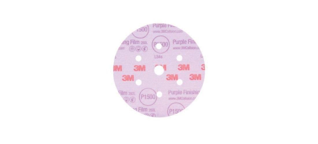 Close-up of the 3M Hookit purple finishing film disc showing a durable abrasive surface.
