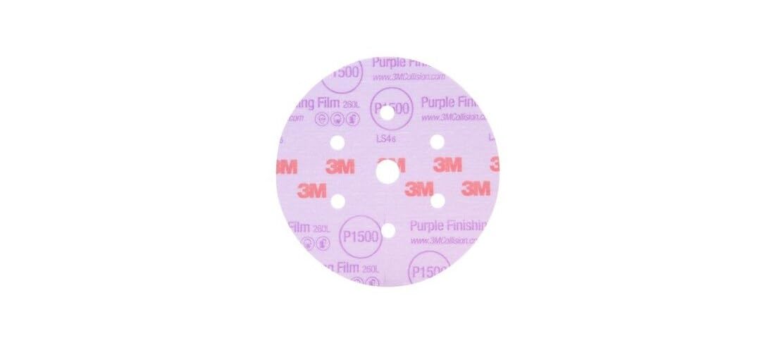 3M Hookit purple finishing film disc in-use setup for paint refinement.