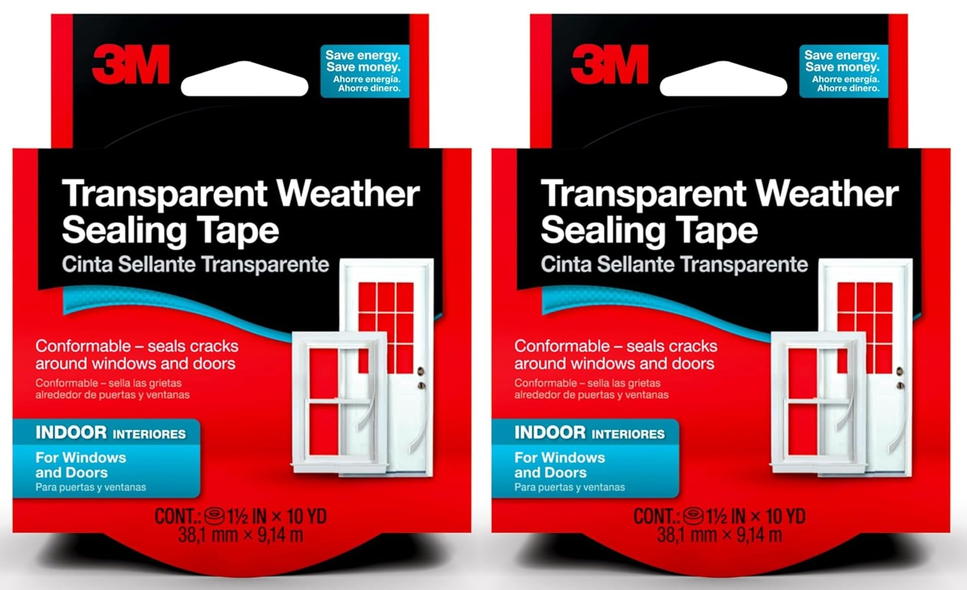 3M interior transparent weather sealing tape with two rolls protects windows from drafts.