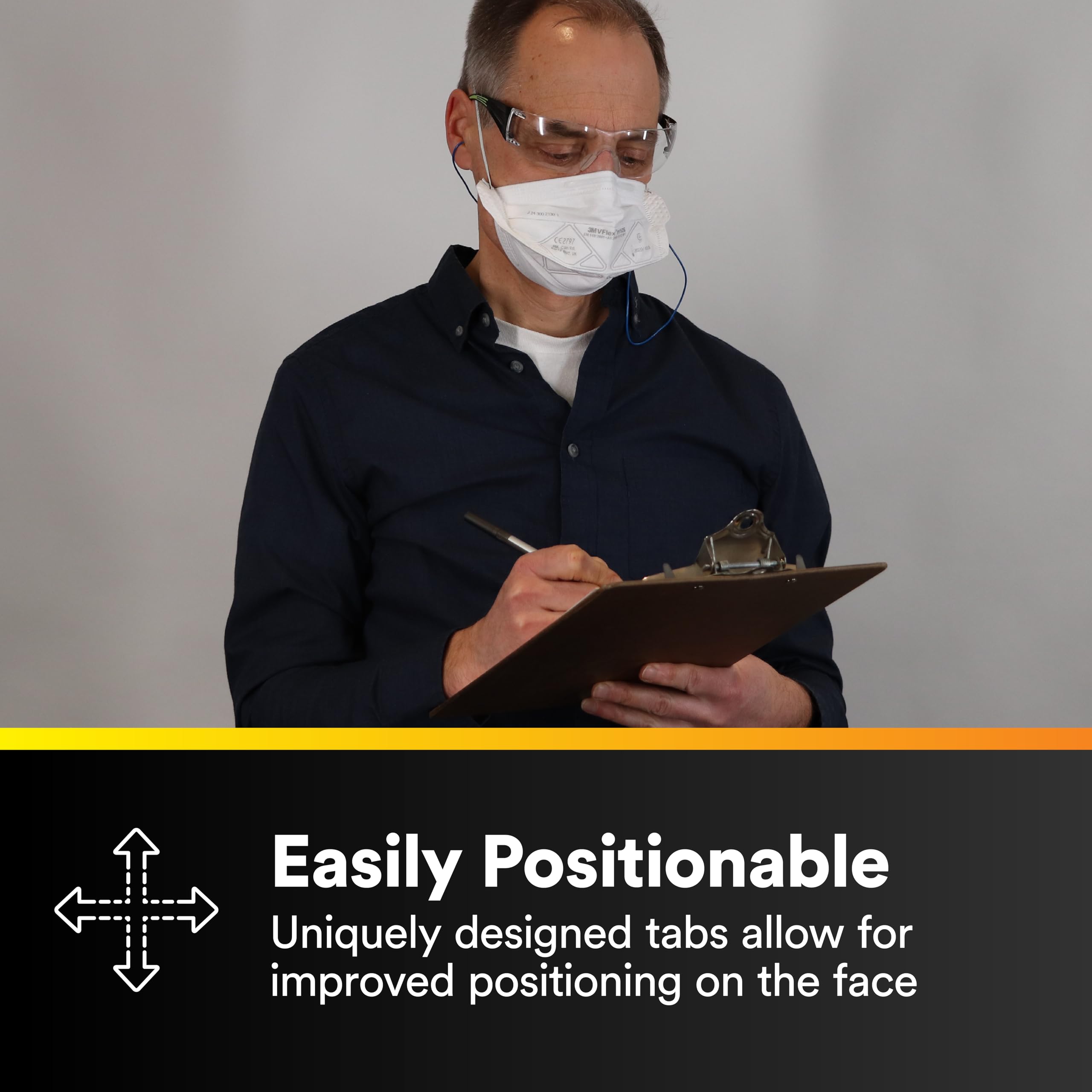 Embossed front panel helps the 3M N95 respirator retain shape during wear.