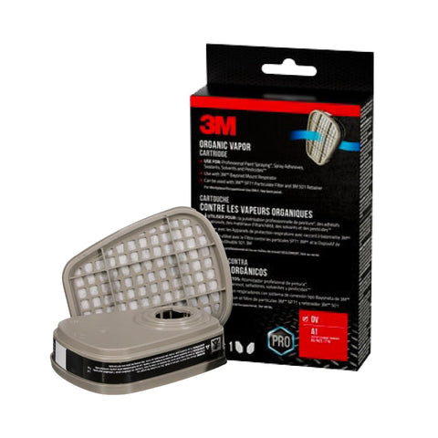 3M Organic Vapor Cartridges 6001 pair with bayonet connection for compatible facepieces.