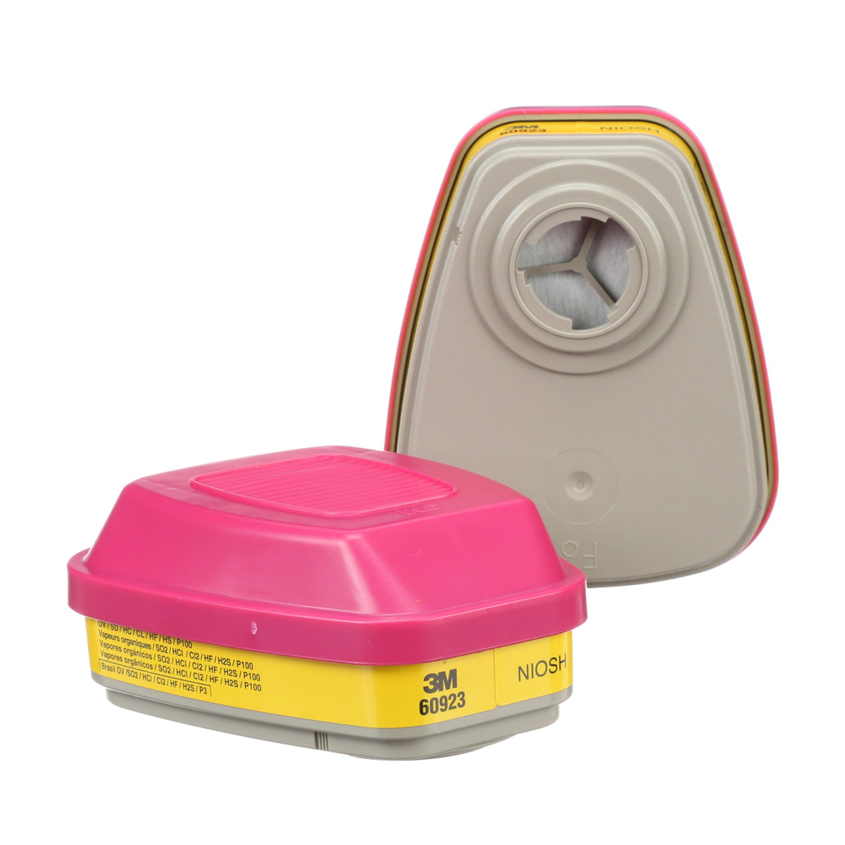 3M P100 60923 cartridge front view shows compatibility with 6000/7000 series respirators for versatile protection.