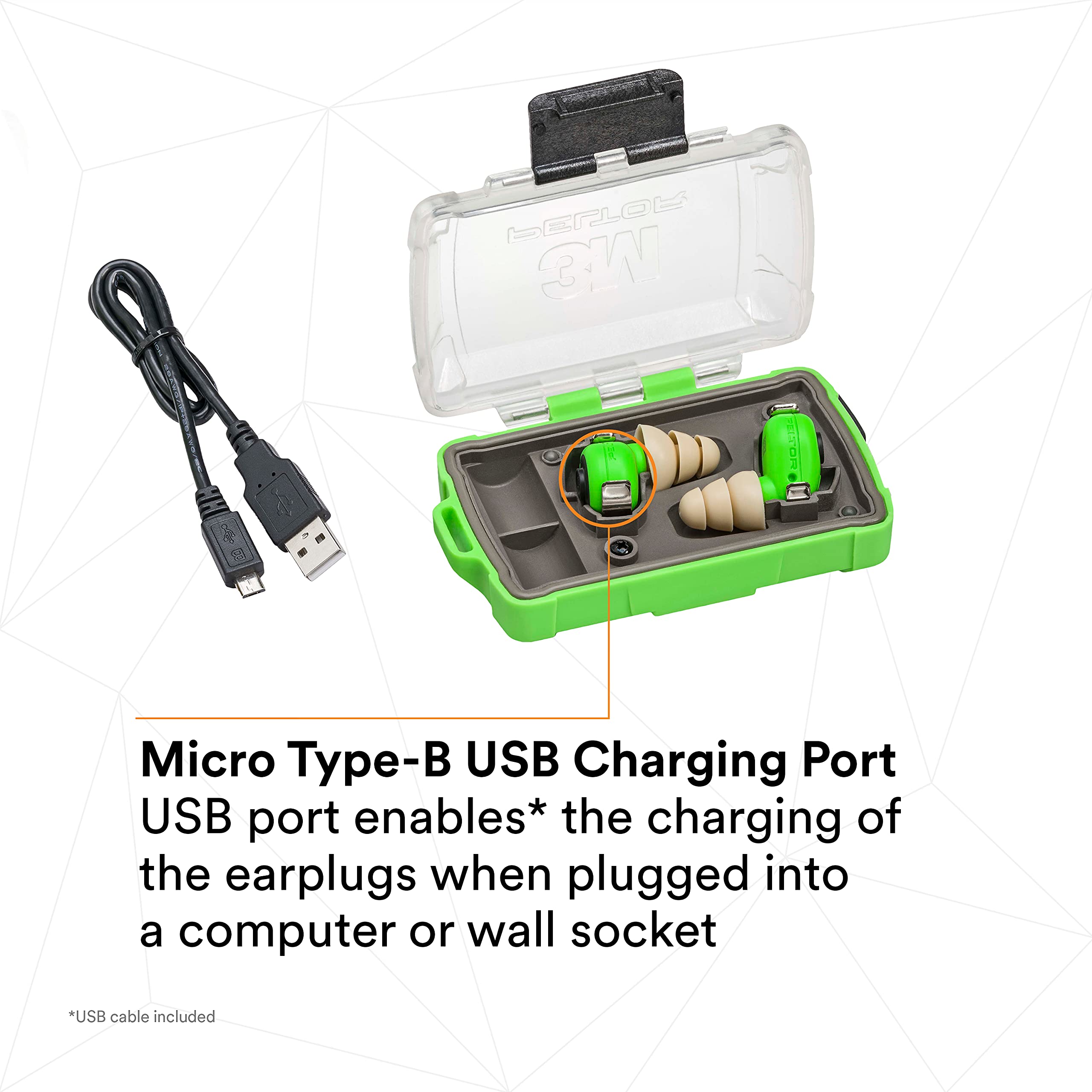 3M PELTOR EEP-100 charging case for easy storage and recharging.