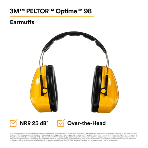 3M PELTOR Optime 98 cushions deliver long-wear comfort and a secure seal.